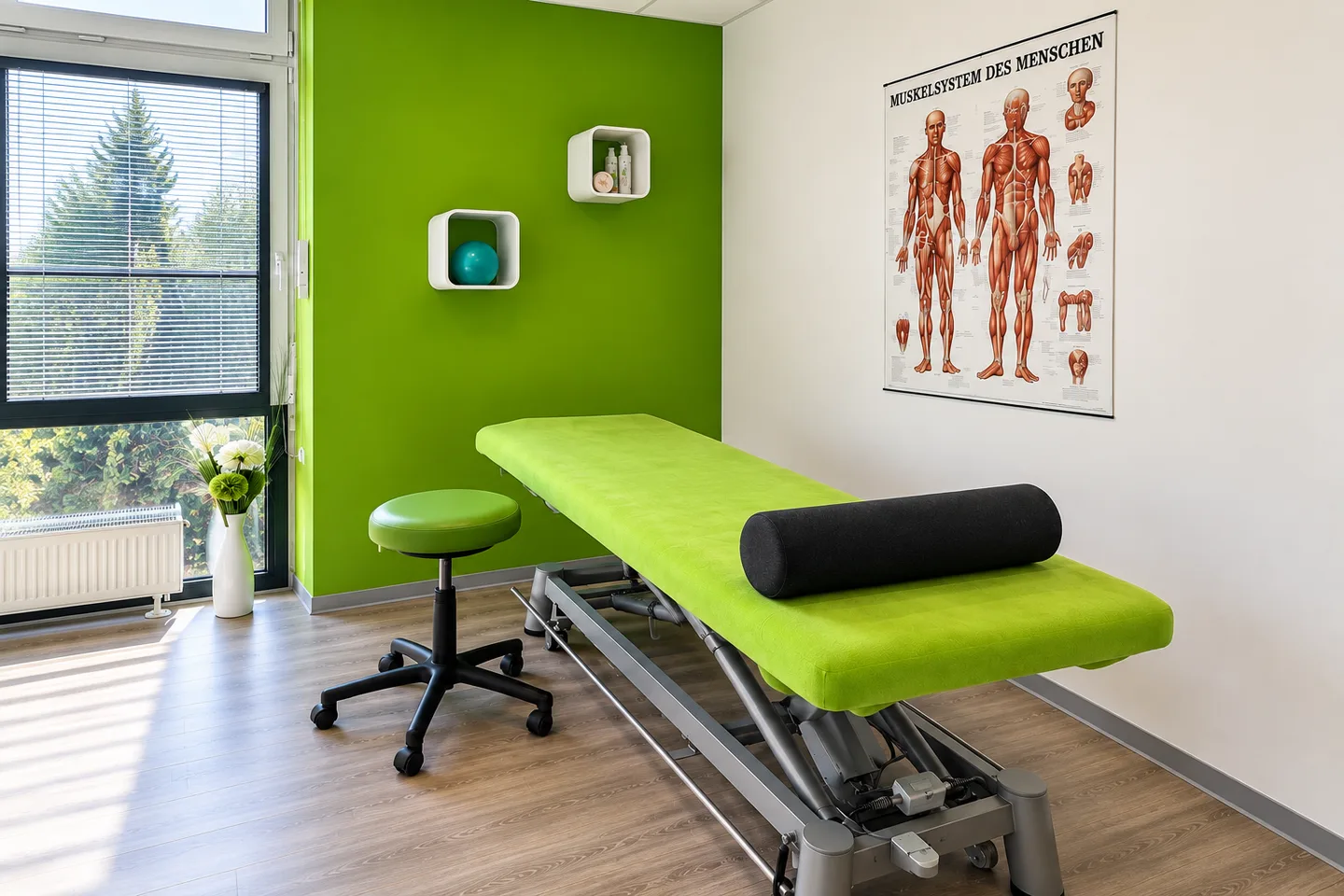 Behandlungsraum mit grüner Therapieliege, Muskelposter und Tageslicht bei Physio-Concept Dortmund